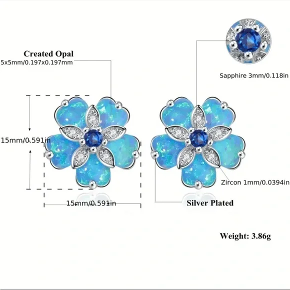 Blue Opal Flower Stud Earrings - Picture 4 of 4